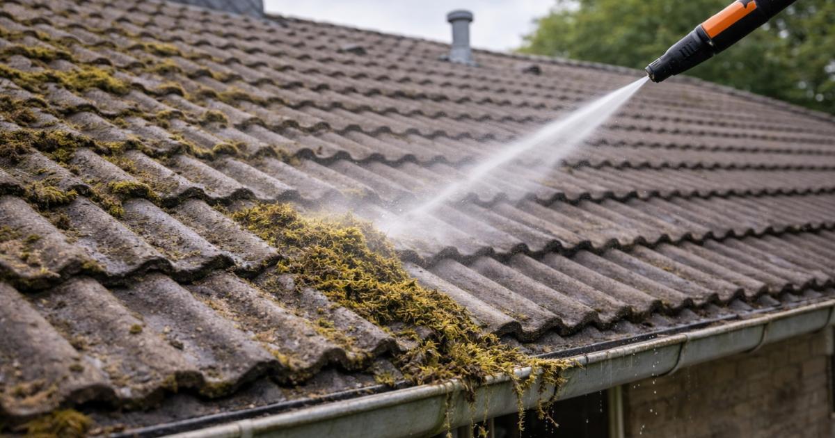 Met mos begroeid pannendak wordt schoongespoten